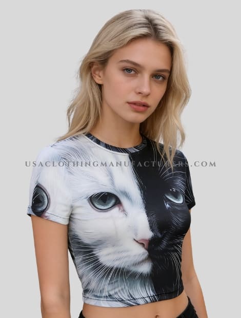 Black And White Cat Print Y2K Crop Top