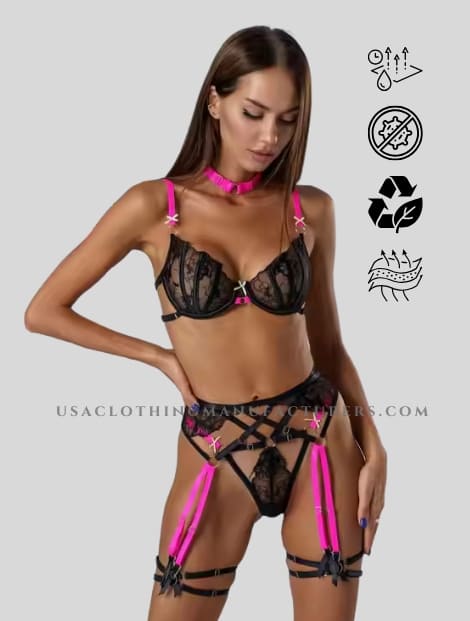 Black and Pink Three Piece Lingerie Set