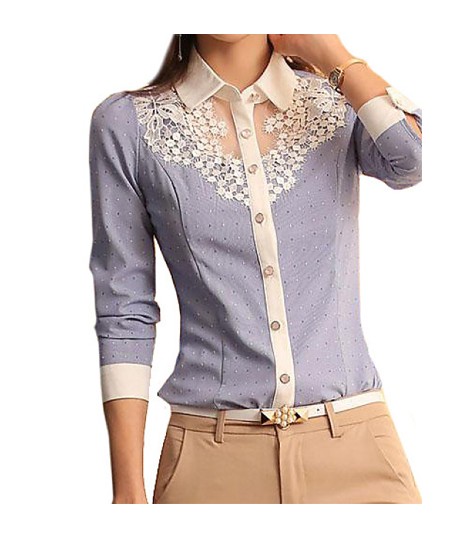 Autumn Blue Long Sleeve Lace Fashion Women Shirts
